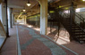 River Ribbons, ©2001<br>Paterson Station, east site, view south <br>
Ribbon pattern inspired by the history of Paterson being a ribbon manufacturing center. <br>
Brick pavers, integral color <br>
Photography by unknown <br>
Commission for New Jersey Transit's Hudson-Bergen Light Rail Transit System, Paterson Station, New Jersey